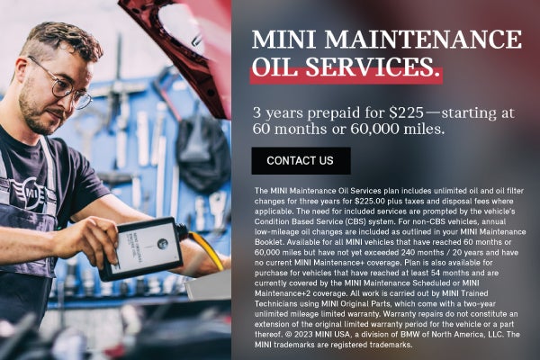 MINI Maintenance Oil Services. 3 years prepaid $225